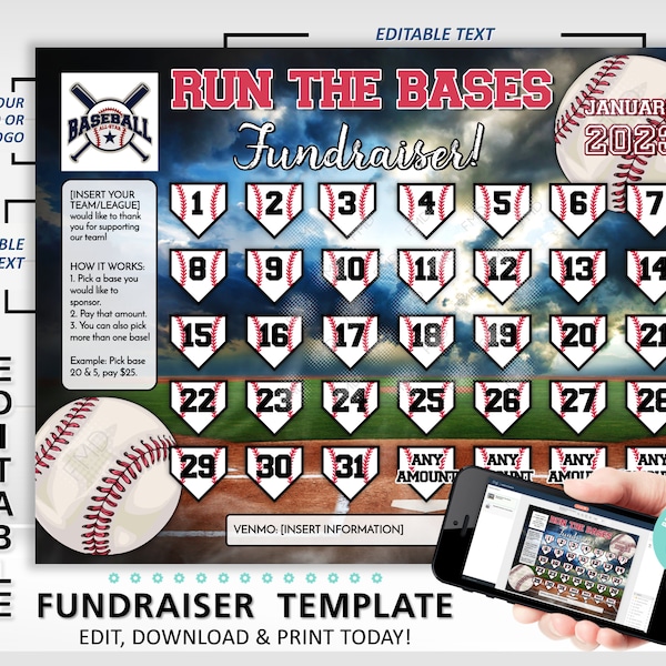 Bearbeitbare Baseball-Kalender-Spendenaktionsvorlage | Clear The Board Fundraising leicht gemacht | 8,5x11 Digitaler Download