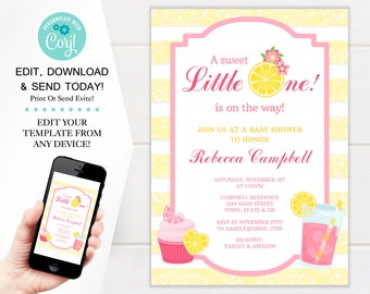 Pink Lemonade Baby Shower Invitation Template, Summer Fun Shower Invites, 5x7 Digital Download