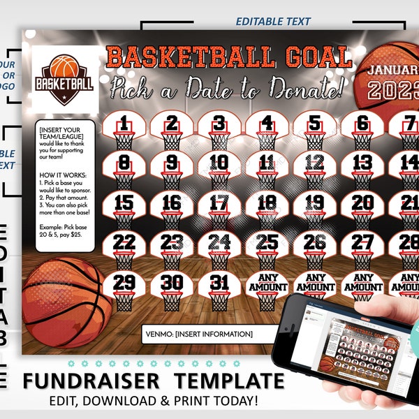 Editable Basketball Team Calendar Fundraiser Template | Clear The Board Fundraising Made Easy | 8.5x11 Digital Download