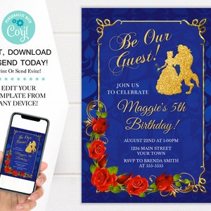 Beauty And The Beast Birthday Invitation Template, Be Our Guest Themed Birthday Invites, 5x7 Digital Download