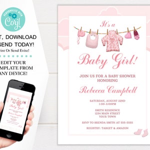 Plantilla de invitación a la ducha de lavandería para ropa de niña, invitaciones a la ducha de tendedero para bebés, descarga digital 5x7