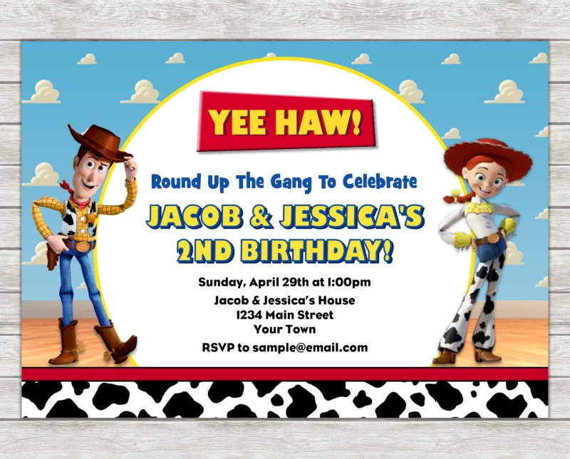 Woody & Jessie Birthday Invitation Twin Joint Toy Story Etsy