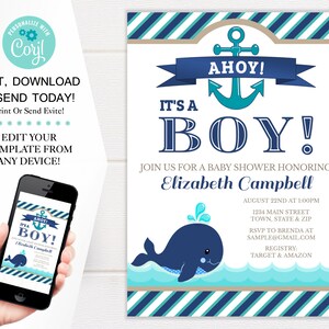 Whale Baby Shower Invitation Template, Nautical Shower Invites, 5x7 Digital Download