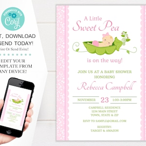 Sweet Pea Girl Baby Shower Invitation Template, Pink Sweet Pea Shower Invites, 5x7 Digital Download