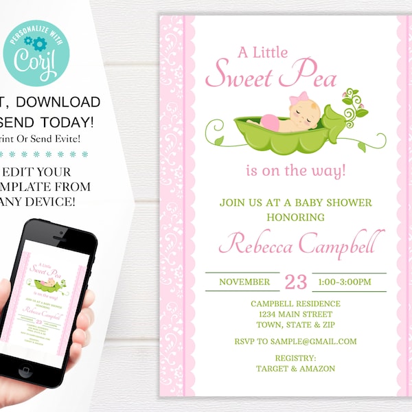 Sweet Pea Girl Baby Shower Invitation Template, Pink Sweet Pea Shower Invites, 5x7 Digital Download