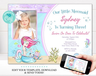 Magical Mermaid Birthday Invitation Template, Under The Sea Mermaid Party Invites, Invites, 5x7 Digital Download