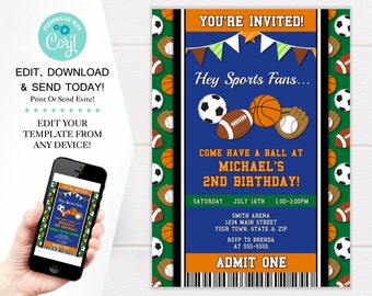 Plantilla de invitación a fiesta deportiva, invitaciones de cumpleaños temáticas de All Star Sports, descarga digital 5x7