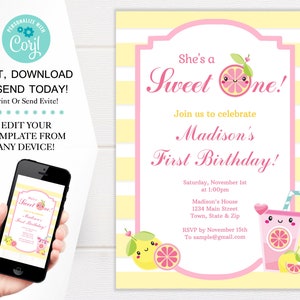 Pink Lemonade Birthday Invitation Template, Summer Fun Lemonade Party  Invites, 5x7 Digital Download