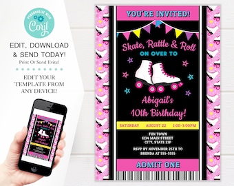 Roller Skating Birthday Party Invitation Template, Ticket Style 90s Vibes Invites, 5x7 Digital Download