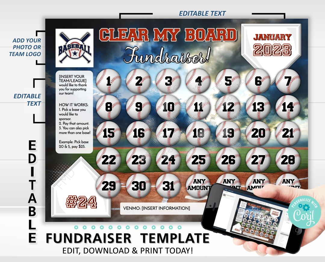 Editable Baseball Calendar Fundraiser Template Clear the Board