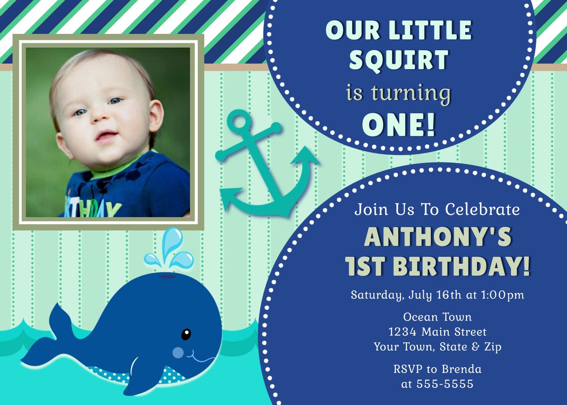 Whale Birthday Invitation Template Digital File Nautical Etsy