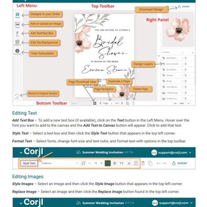 May include: A screenshot of a computer screen displaying the Corjl website, a design tool for creating personalised invitations and other printable items. The screen shows a sample bridal shower invitation with a floral design, and the website's interface with buttons for adding text, images, and other elements. The text "You are invited to attend a Bridal Shower" is visible on the invitation.