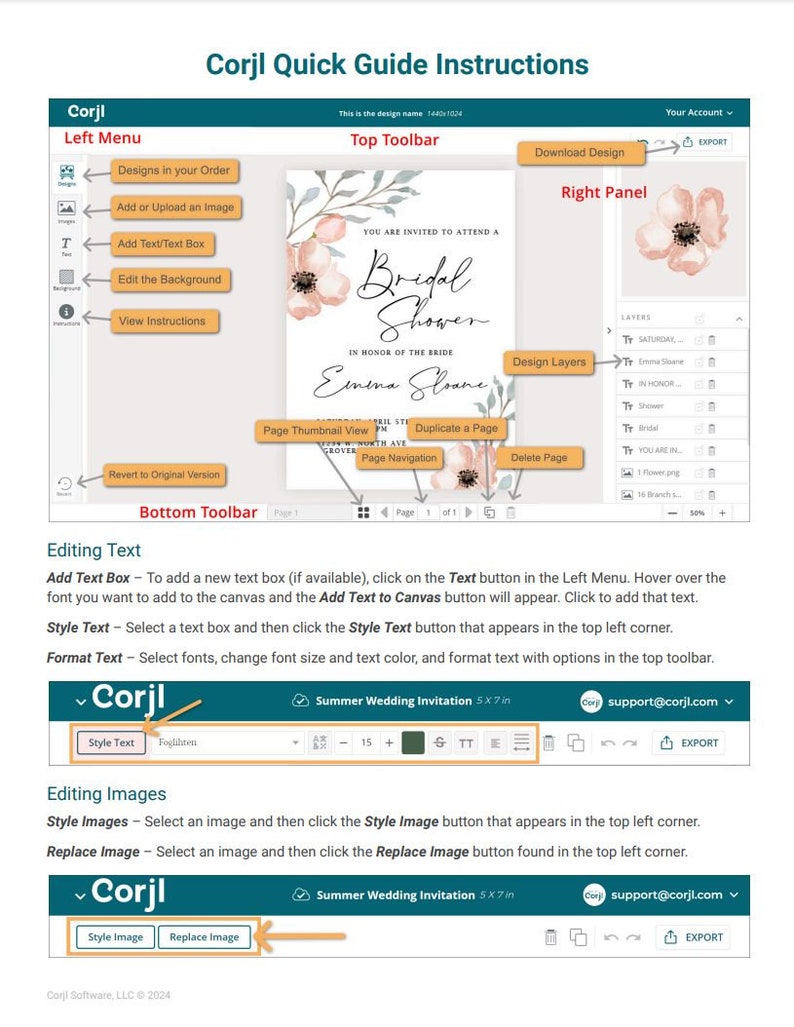 May include: A screenshot of a computer screen displaying the Corjl website, a design tool for creating personalised invitations and other printable items. The screen shows a sample bridal shower invitation with a floral design, and the website's interface with buttons for adding text, images, and other elements. The text "You are invited to attend a Bridal Shower" is visible on the invitation.