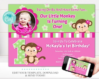 Monkey Girl 1st Birthday Invitation Template, Digital File, Pink Monkey Party Invites, 5x7 Digital Download