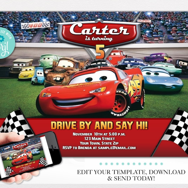 Cars Birthday Invitation Template, Lightning McQueen Race Car Party Invites, Digital Download