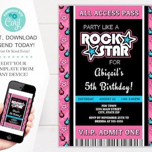Rock Star Party Invitation Template, VIP Ticket Birthday Invites, 5x7 Digital Download