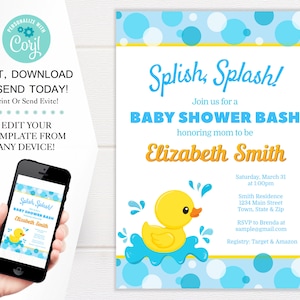 Duck Baby Shower Invitation Template, Splish Splash Cute Rubber Ducky Shower Invites, 5x7 Digital Download