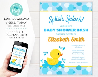 Rubber Ducky Baby Shower Invitation, Splish Splash Theme (Digital Download)