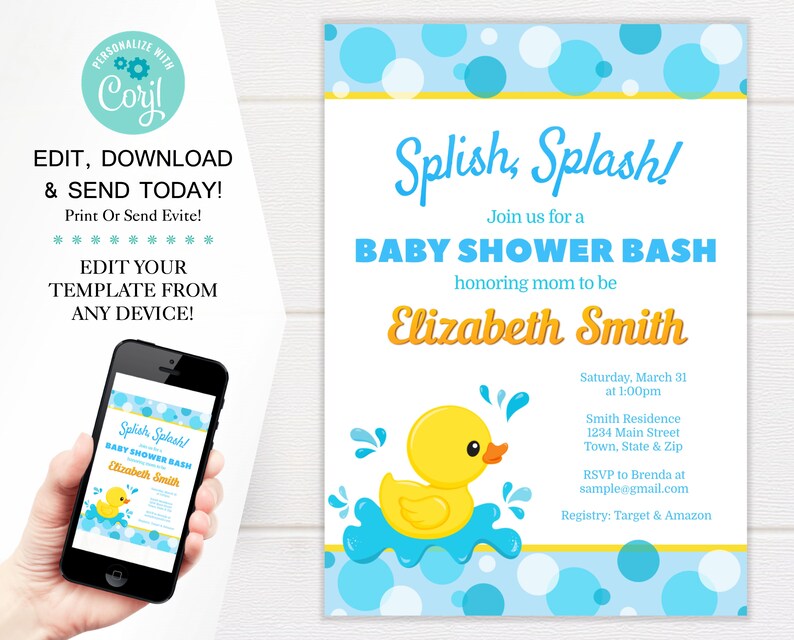 Splish Splash Duck Baby Shower Invitation Template Cute Rubber Ducky Shower Invites 5x7 Digital Download