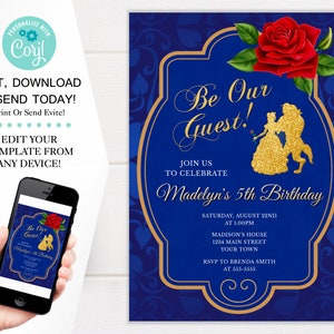 Beauty And The Beast Birthday Invitation Template, Be Our Guest Themed Birthday Invites, 5x7 Digital Download