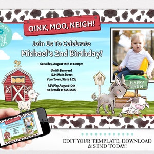 May include: A printable invitation for a farm-themed birthday party. The invitation features a red barn, a goat, a donkey, a cow, and a child on a tractor. The text on the invitation reads "Oink, Moo, Neigh! Join Us To Celebrate Michael's 2nd Birthday!" and includes the date, time, and location of the party.