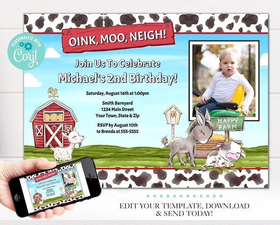 Barnyard Birthday Invitation, Farm Cow Print Party Invitation, 5x7 Digital Download