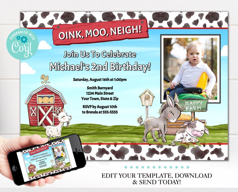 May include: A printable invitation for a farm-themed birthday party. The invitation features a red barn, a goat, a donkey, a cow, and a child on a tractor. The text on the invitation reads "Oink, Moo, Neigh! Join Us To Celebrate Michael's 2nd Birthday!" and includes the date, time, and location of the party.
