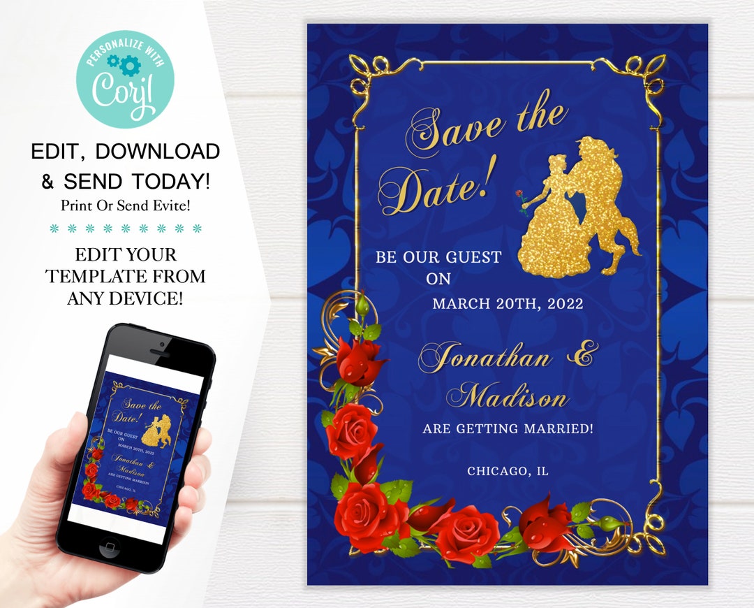Beauty & the Beast Save the Date Card, Digital File, Be Our Guest, Rose