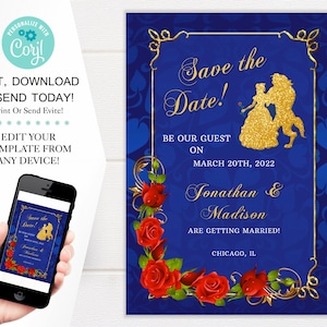 Die Schöne und das Biest Save The Date Karte, digitale Datei, Be OurGuest, Rose, 13x18, Instant Download 13x18