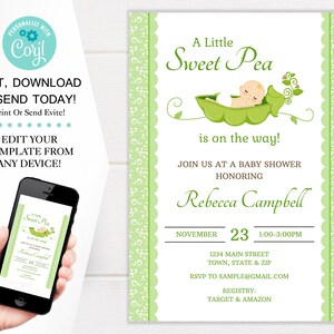 Sweet Pea Baby Shower Invitation Template, Gender Neutral Shower Invites, 5x7 Digital Download