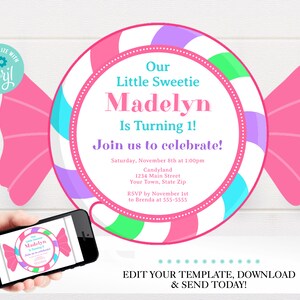 Candy Birthday Invitation Template,  Sweet Treats Candyland Birthday Invites, 5x7 Digital Download