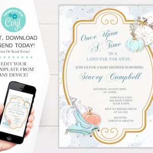 Cinderella Baby Shower Invitation Template, Glass Slipper Enchanting Midnight Shower Invites, 5x7 Digital Download