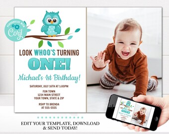 Mall för inbjudan till 1-årsdag för Ugglapojke, Titta vem som fyller år, digital nedladdning 5x7