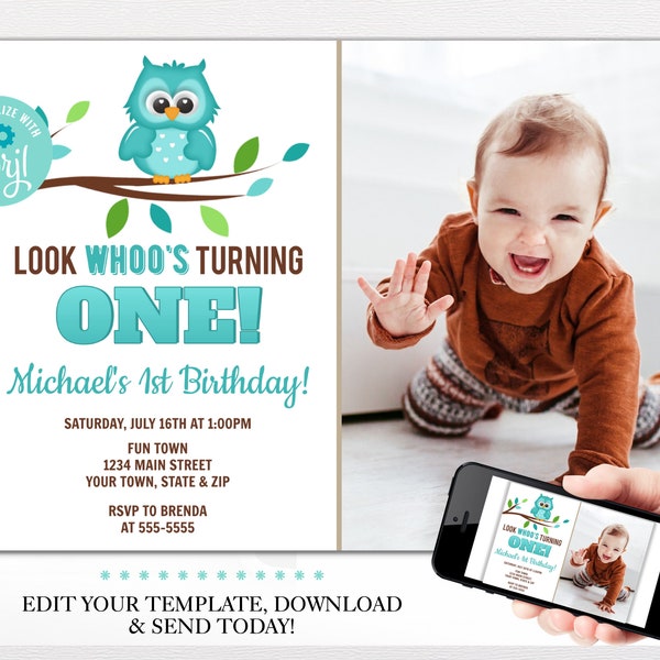 Baby Boy Owl 1st Birthday Invitation Template, Look Whoo's Turning One Birthday Invites, 5x7 Digital Download