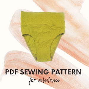 May include: PDF sewing pattern for poledance. The pattern is for a pair of high-waisted underwear in a bright yellow color.