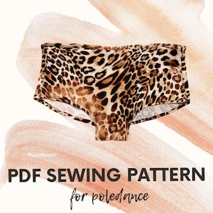 May include: PDF sewing pattern for pole dance shorts with a leopard print design. The pattern is for a pair of high-waisted shorts with a wide waistband.
