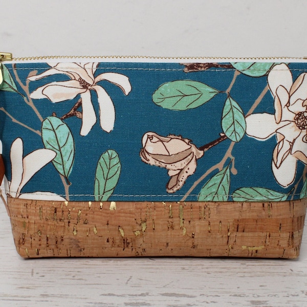 Medium Teal Floral Zipper Pouch, Cosmetic Bag, Makeup Organizer, Canvas and Cork, Purse Organization, Gifts for Her