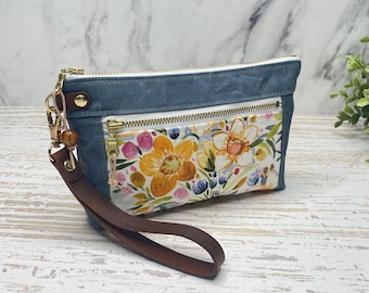 Floral and Waxed Blue Twill Wristlet, Gift for Her, Zipper Pouch