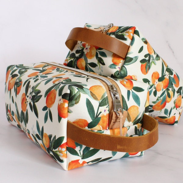 Toiletry Kit, Travel Makeup Bag, Cosmetic Boxy Pouch, Dopp Bag, Orange Blossoms Zipper Storage Box Bag