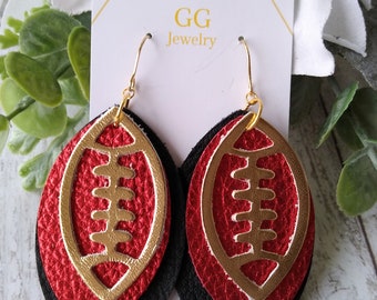 Football earrings, Genuine Leather KC Chiefs earrings, Kansas City Chiefs earrings, Black, Red, Gold earrings