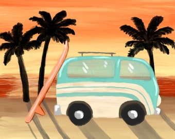 Step by Step Painting Guide for VW Van at Sunset