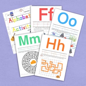 May include: A collection of five educational alphabet activity worksheets featuring letters Ff, Oo, Mm, and Hh. Each page includes large colorful letters for tracing, mazes, and illustrations of items like a hamster, jam, guitar, and cheese.