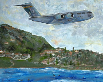 C-17 Aircraft Over Hawaii, Giclée Print  (canvas stretched or unframed), Aircraft Art Painting by Tif Sheppard