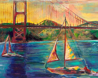 Sailboats Under The Golden Gate -Giclée Print (canvas stretched or unframed), Painting by Tif Sheppard