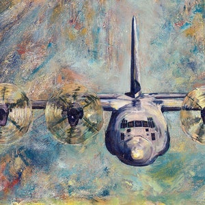 C-130J Giclée Print canvas stretched or unframed, Aircraft Art by Tif Sheppard Light Aqua Green
