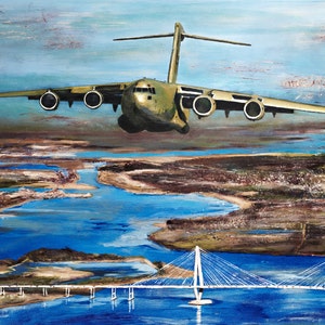 C-17 Aircraft Over Charleston, Giclée Print canvas stretched or unframed, Aircraft Art Painting by Tif Sheppard Light Blue