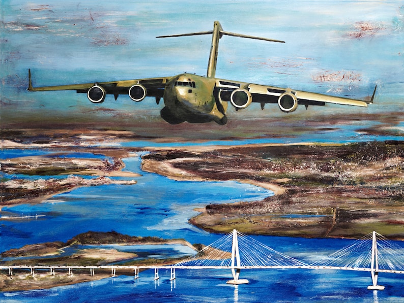 C-17 Aircraft Over Charleston, Giclée Print canvas stretched or unframed, Aircraft Art Painting by Tif Sheppard Light Blue