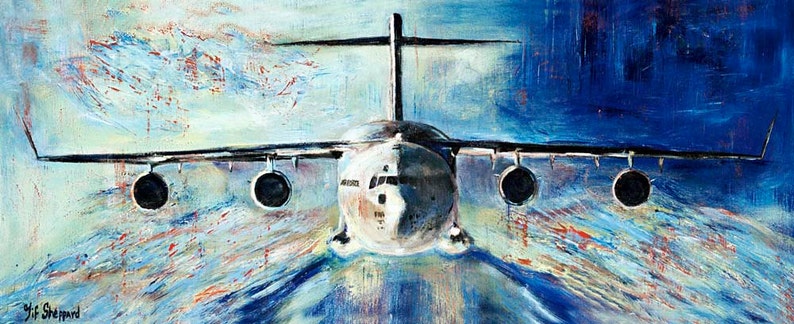 C-17 Giclée Print canvas stretched or unframed, Aircraft Art by Tif Sheppard Vintage Blue