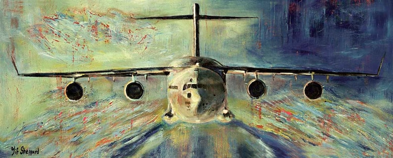 C-17 Giclée Print canvas stretched or unframed, Aircraft Art by Tif Sheppard Light Green