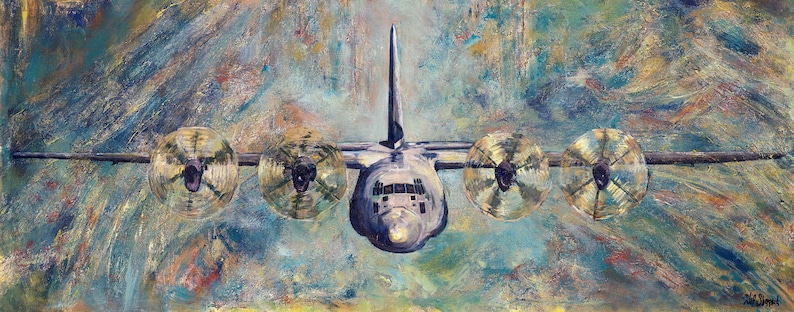 C-130J Giclée Print canvas stretched or unframed, Aircraft Art by Tif Sheppard Light Aqua Green